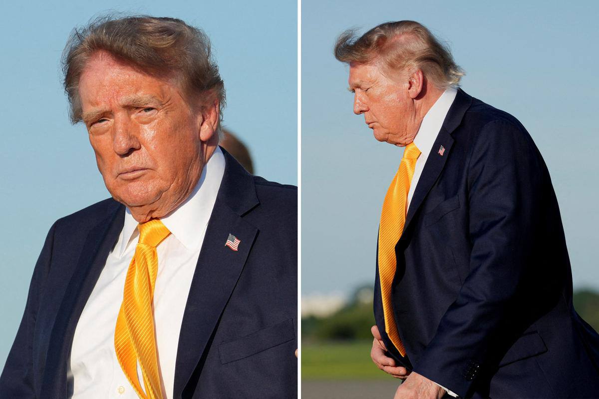Two close views of Trump’s darker hairstyle and yellow tie