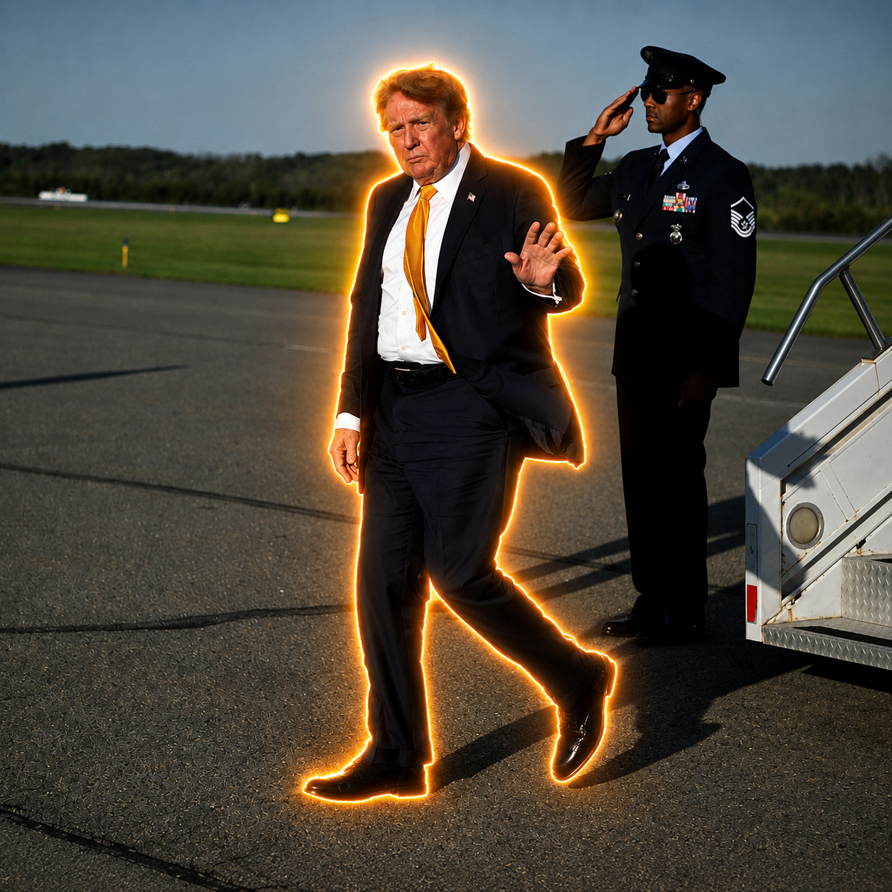 Trump with his new brown hairstyle, surrounded by a bright orange glow